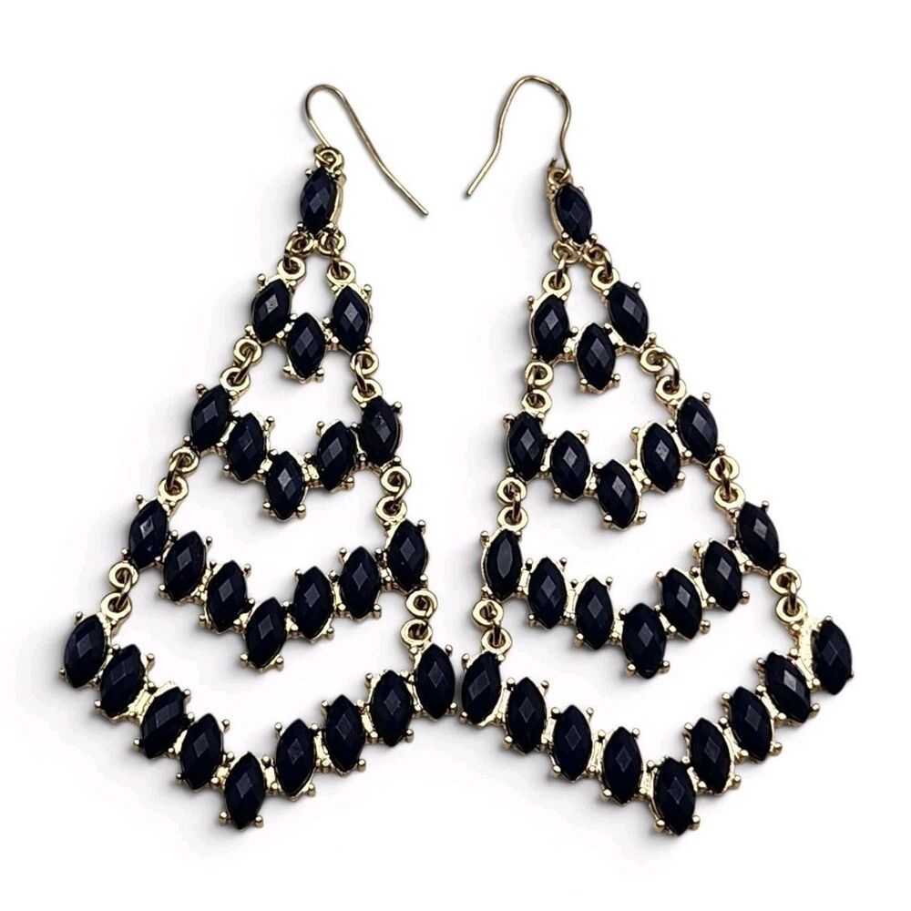 Vintage Beaded Waterfall Chandelier Earrings Blue Gold Tone Hook Statement S